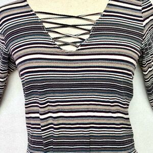 Cape Juby Retro Striped Lace-Up V-Neck Long Sleeve Top